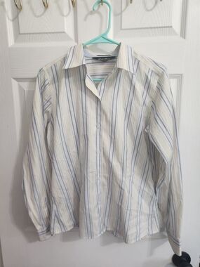 Eddie Bauer White Dress Shirt with Blue and Light Yellow Stripes